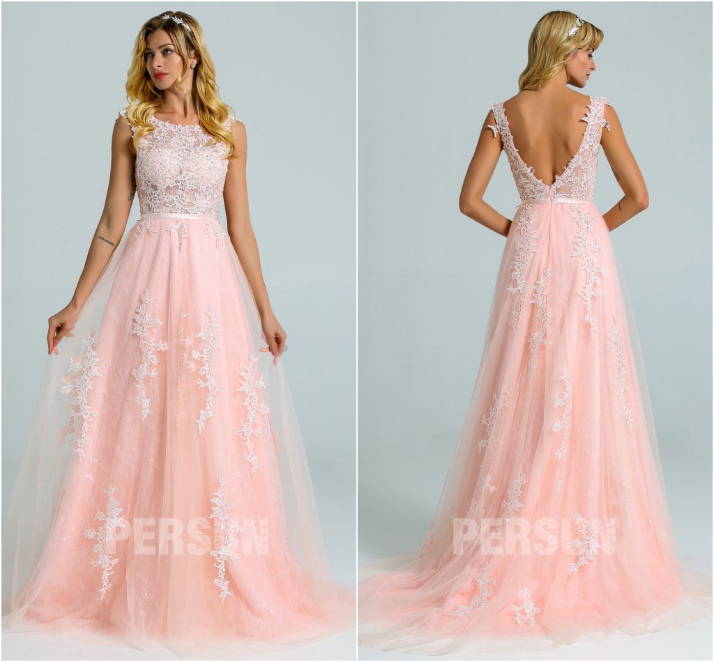 robe de mariée rose perle col illusion dos ouvert en dentelle appliquée