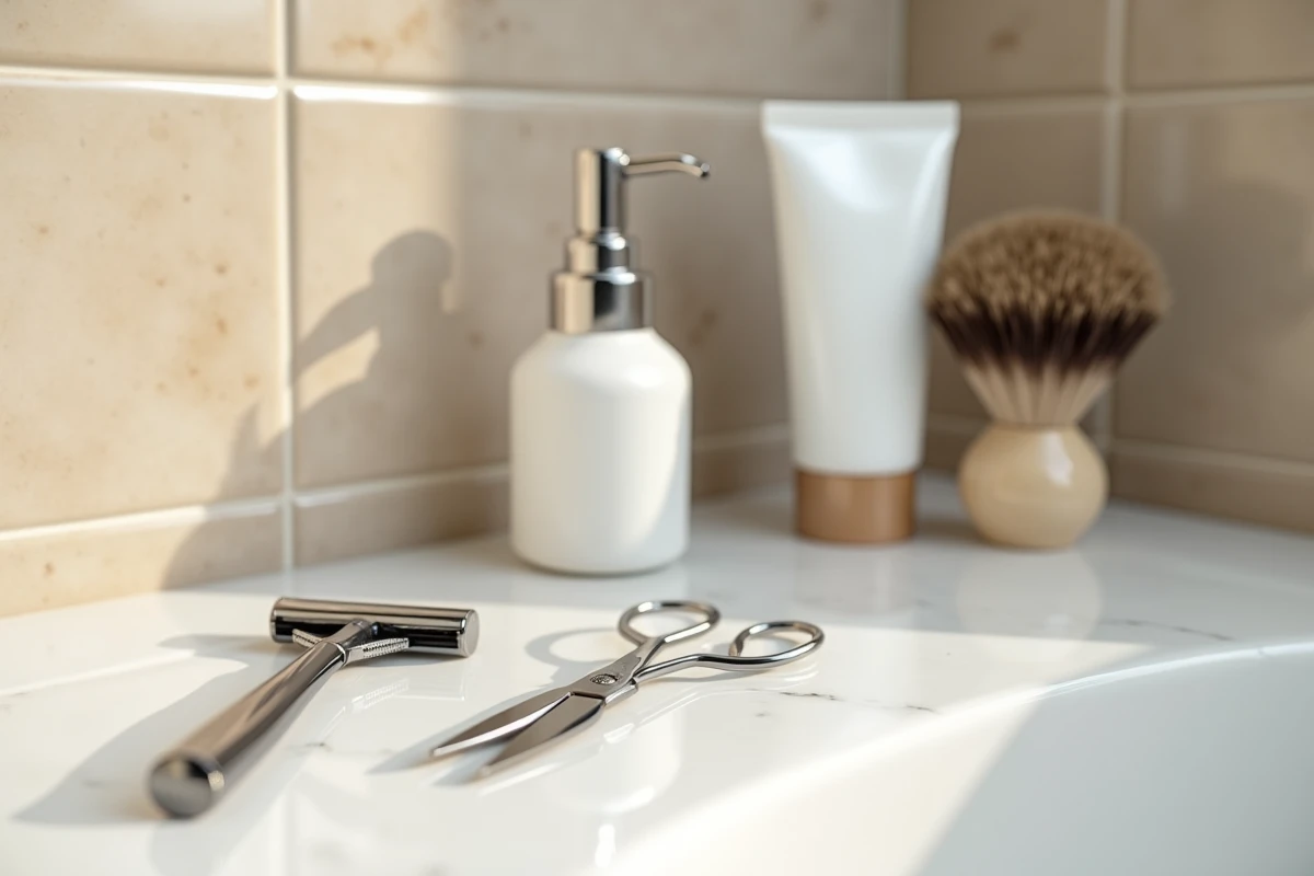 Accessoires de rasage masculin disposés sur une étagère en marbre pour prévenir les poils incarnés