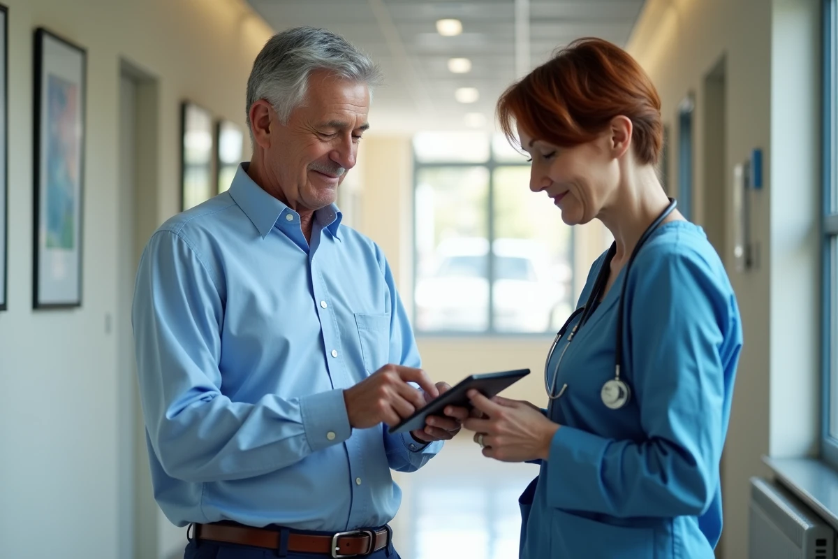 Administrateur senior consulte un protocole sur une tablette dans un couloir