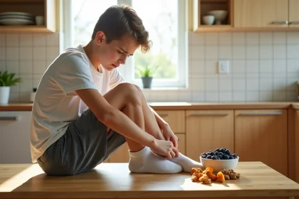 Adolescent examinant son talon douloureux près d'aliments anti-inflammatoires dans une cuisine familiale, illustrant la gestion de la maladie de Sever par l'alimentation
