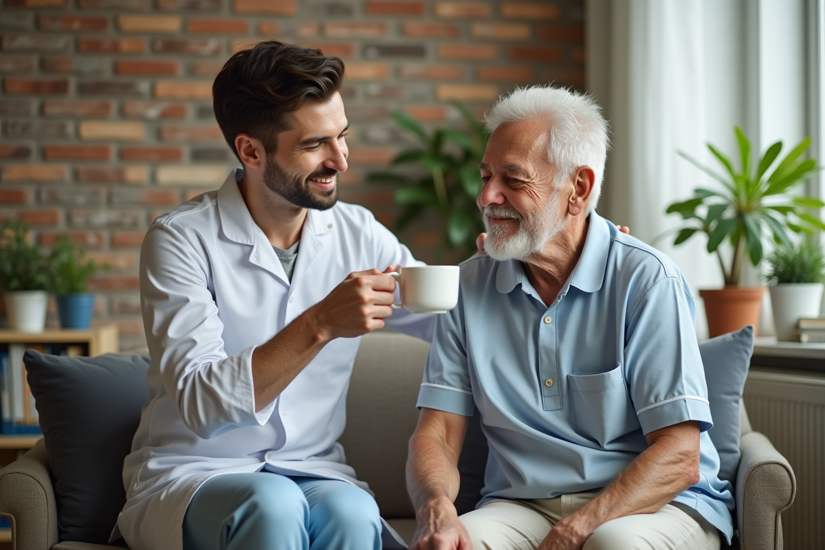 Aide-soignant aidant un homme à boire dans un salon chaleureux
