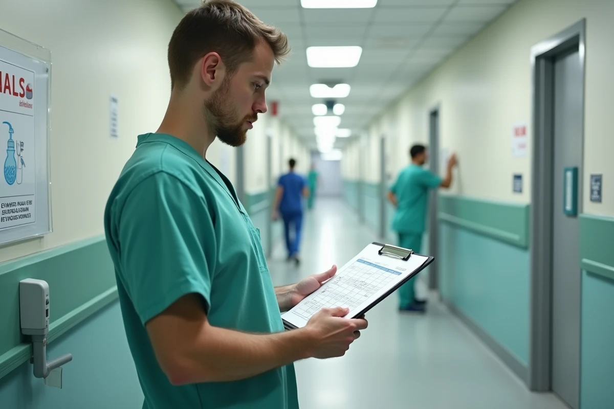 Aide soignant masculin consultant un planning dans le couloir d'un établissement de soins au Luxembourg