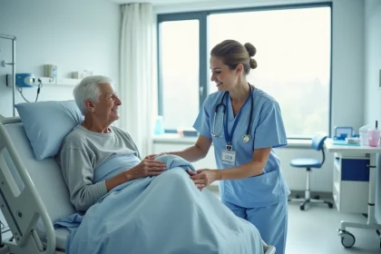 Aide soignante luxembourgeoise en blouse bleue assistant un patient âgé dans une chambre d'hôpital moderne