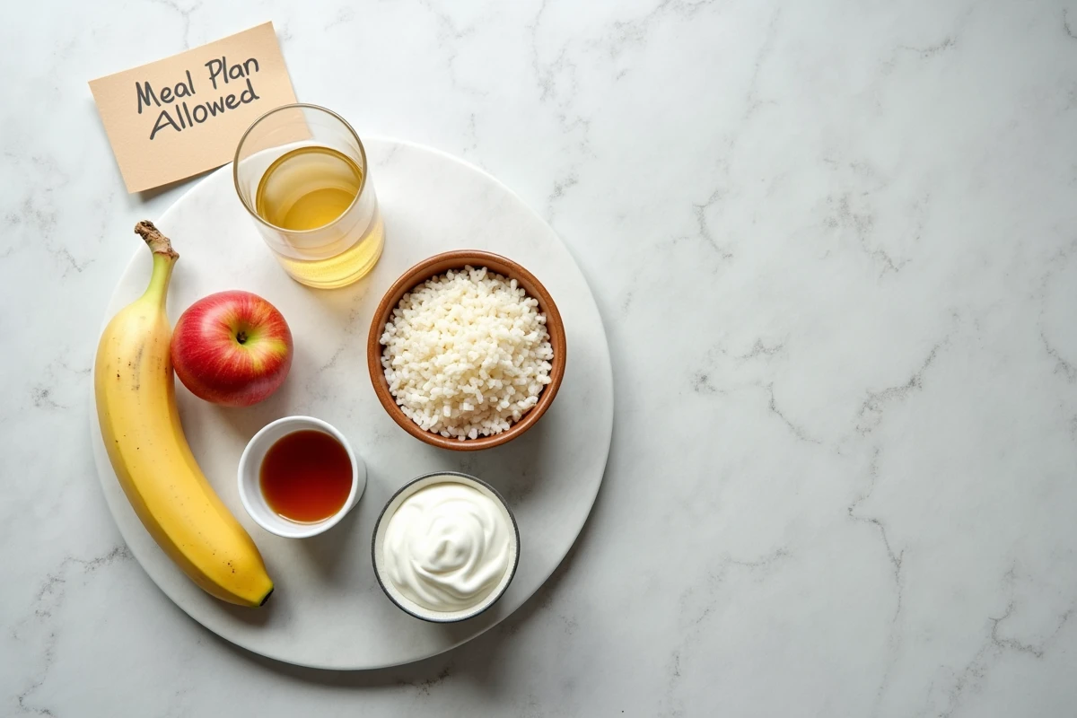 Vue de dessus des aliments autorisés pendant un régime pour coloscopie : jus de pomme, riz blanc, tisane, banane et yaourt nature sur plan de travail en pierre