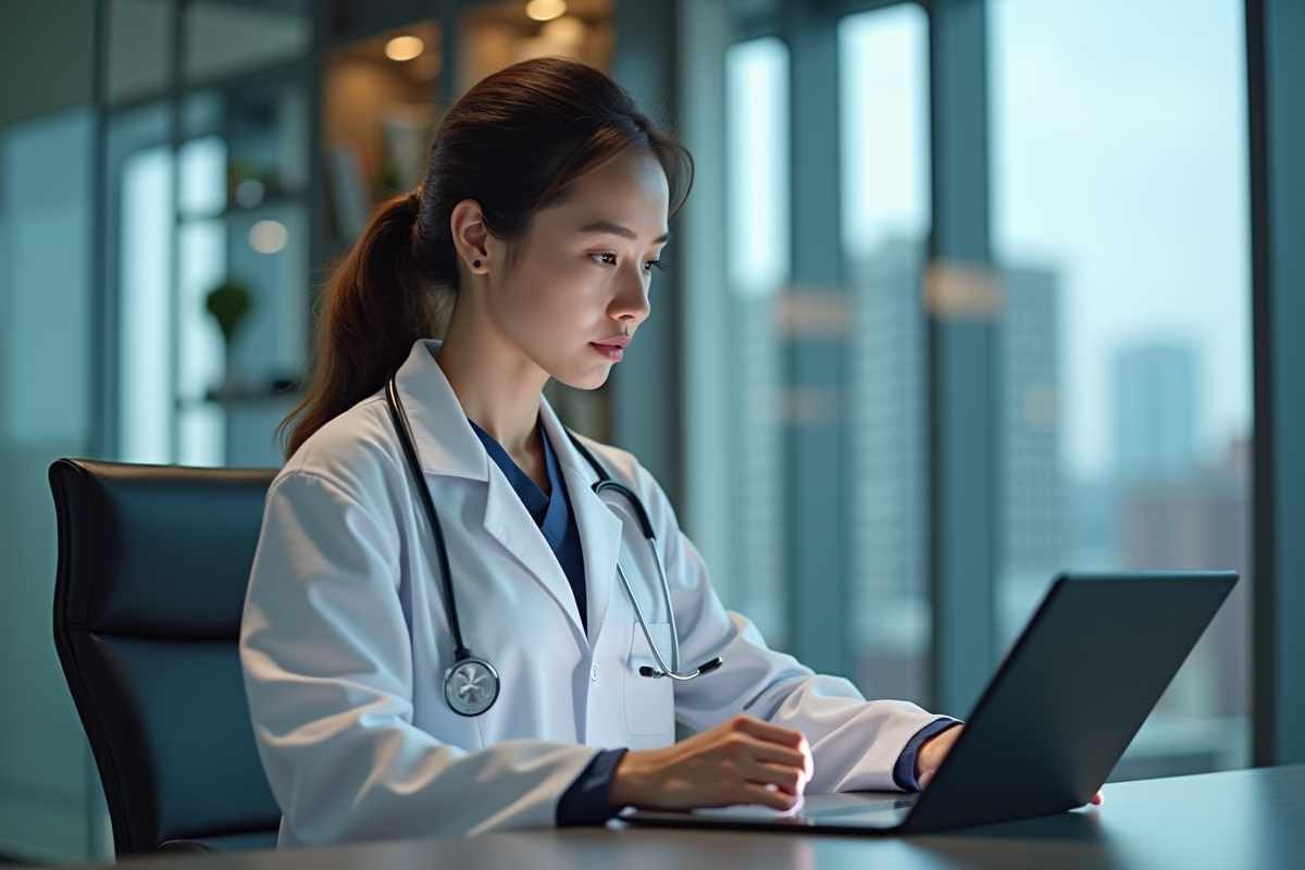 Jeune anesthesiologiste femme avec tablette dans un bureau moderne