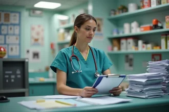 Assistante veterinaire en scrubs dans un bureau encombre