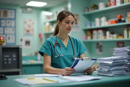 Assistante veterinaire en scrubs dans un bureau encombre