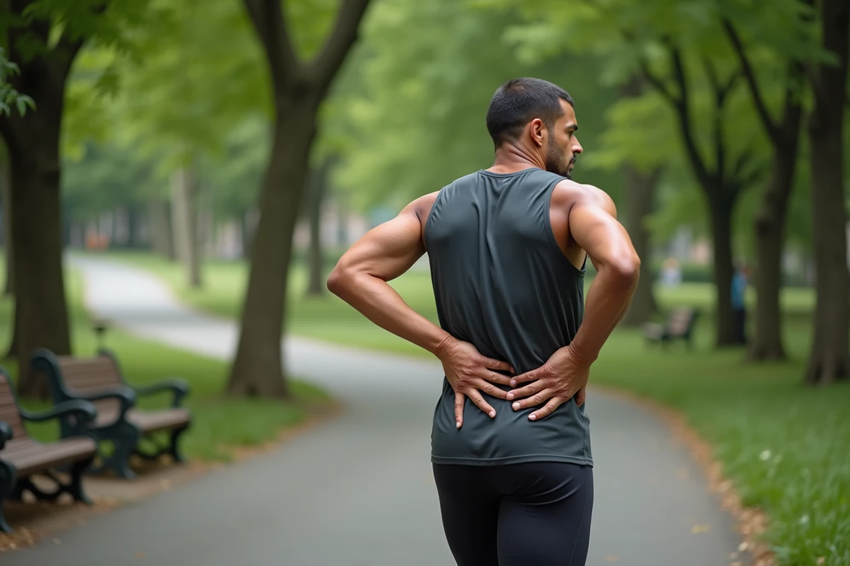 Athlète homme se massant le sacrum dans un parc urbain