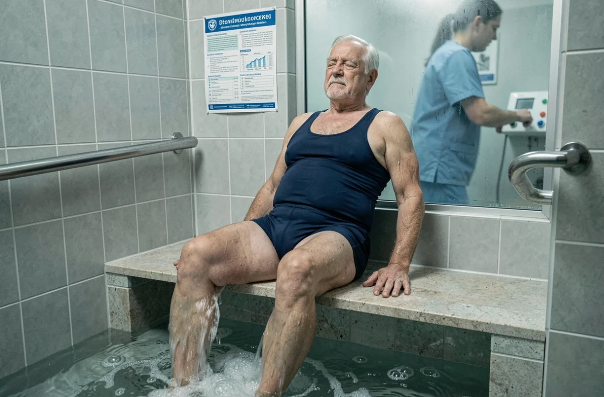 Homme âgé en séance de balnéothérapie dans une cabine de jets thermaux d'un établissement thermal spécialisé en rhumatologie en France