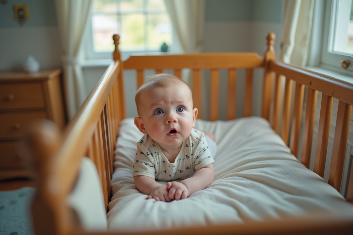 Bébé dans un berceau avec vue sur une rue tranquille