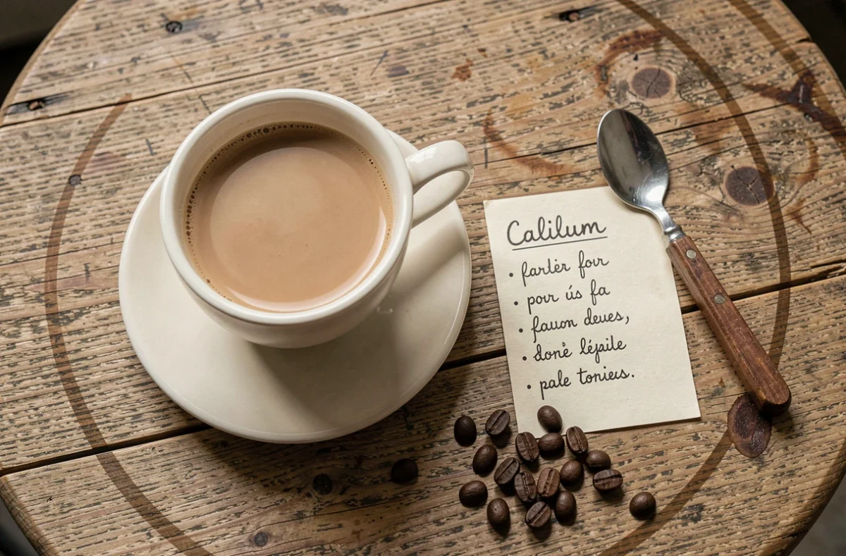 Bol de café au lait et fiche sur les aliments riches en calcium posés sur une table en bois de café