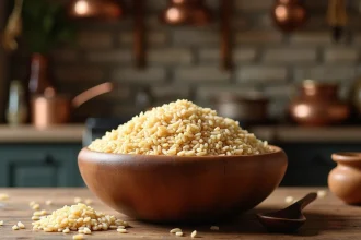 Bol en bois rustique rempli de riz complet cuit sur une table de cuisine en chêne, illustrant les bienfaits du riz complet pour la santé digestive