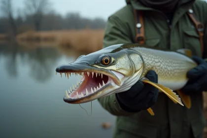 Pêcheur tenant un brochet avec les dents bien visibles, illustrant le risque de morsure lors de la manipulation du poisson