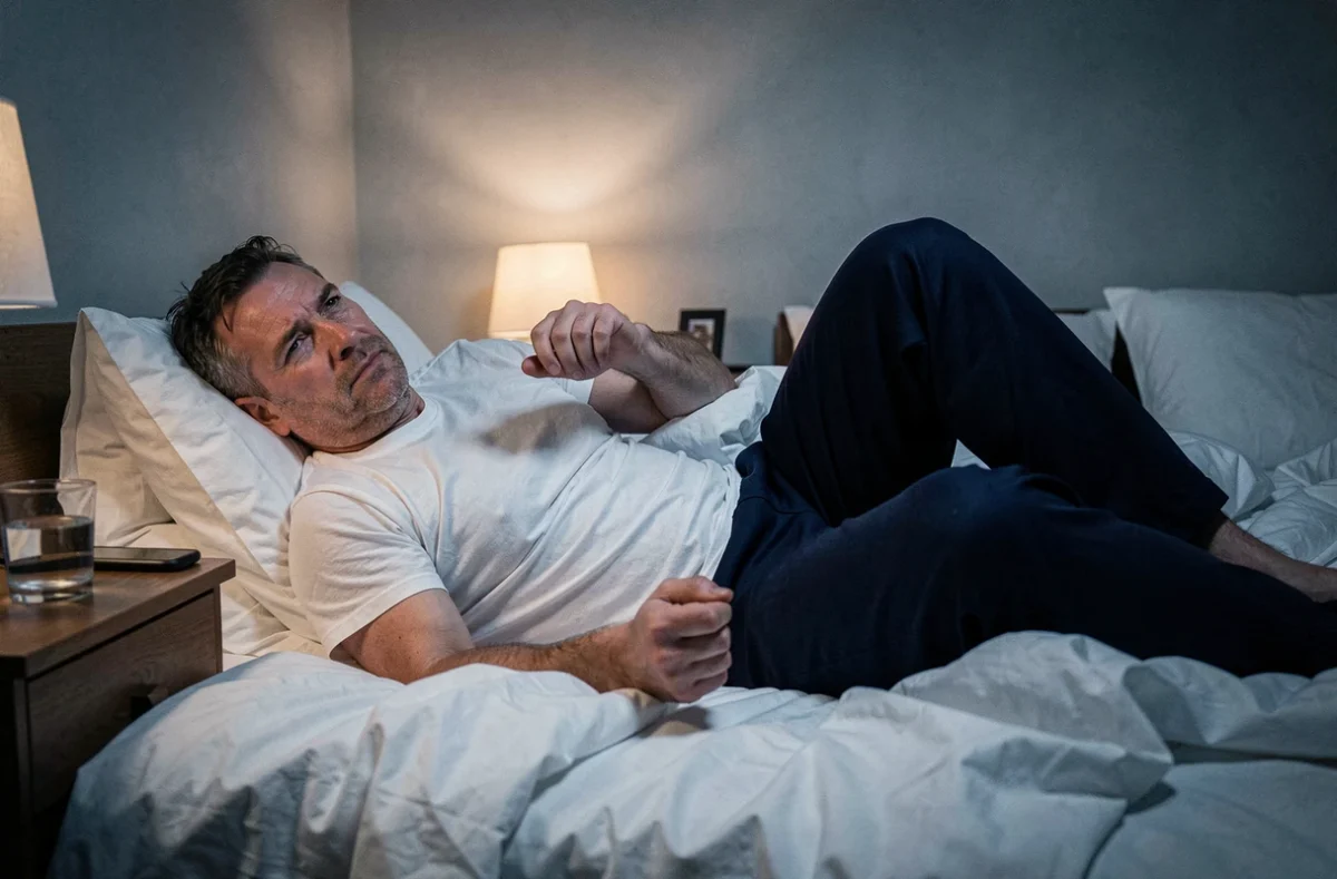 Homme couché dans son lit la nuit tenant son pied nu, illustrant les brûlures plantaires nocturnes au repos et les troubles du sommeil associés