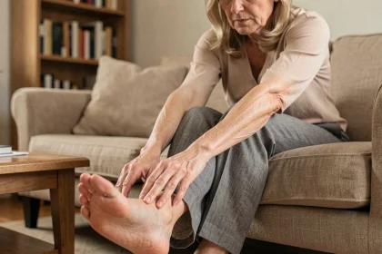 Femme d'âge mûr assise sur un canapé massant son pied nu avec une expression de gêne, illustrant la sensation de brûlure au pied au repos