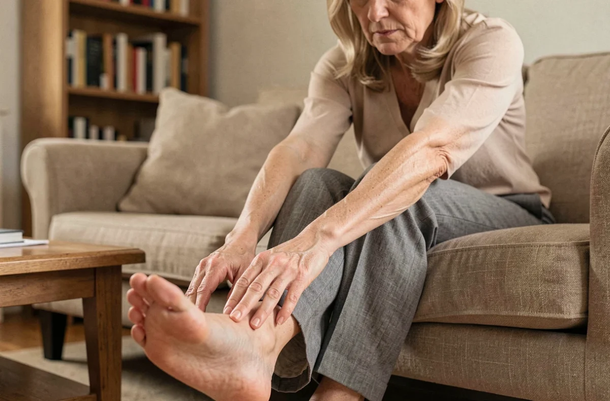 Femme d'âge mûr assise sur un canapé massant son pied nu avec une expression de gêne, illustrant la sensation de brûlure au pied au repos
