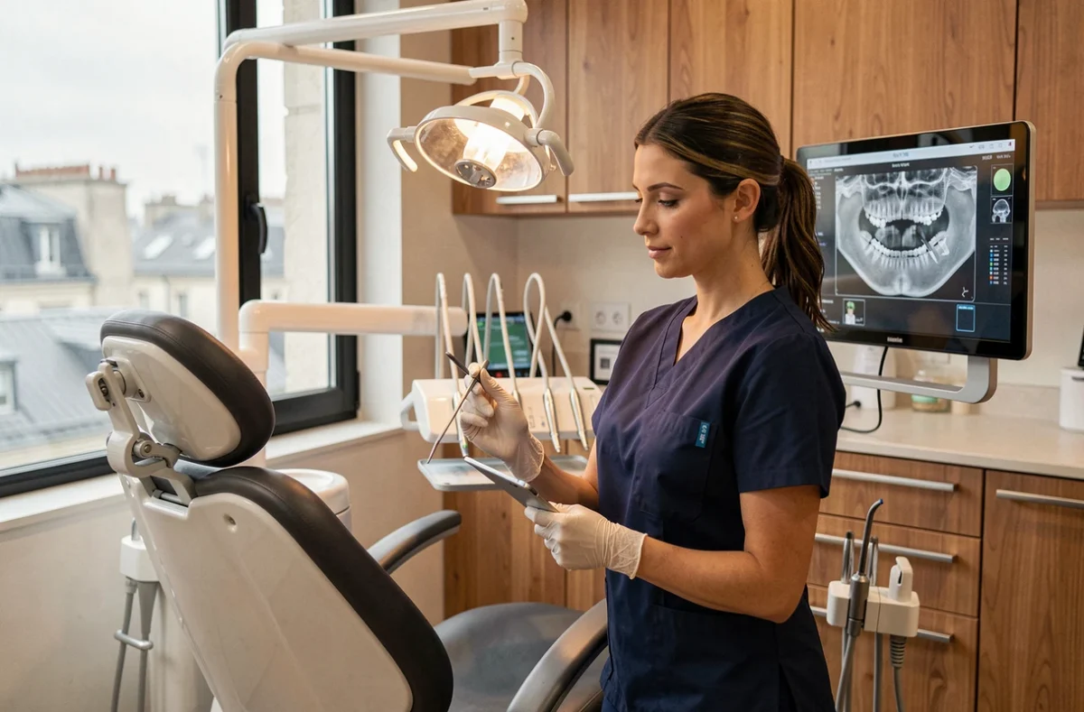 Salle de soins du Cabinet Dentaire BLR120 avec une dentiste consultant des radiographies dans un environnement élégant