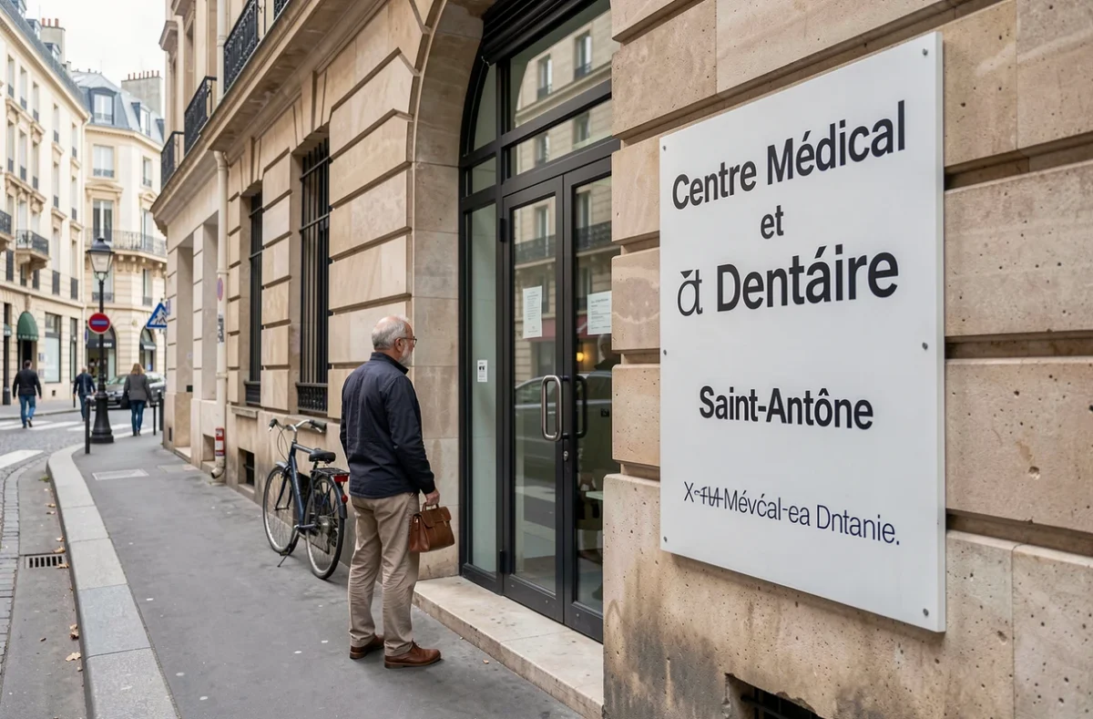 Façade extérieure du Centre Médical et Dentaire Saint-Antoine à Paris avec un patient s'approchant de l'entrée