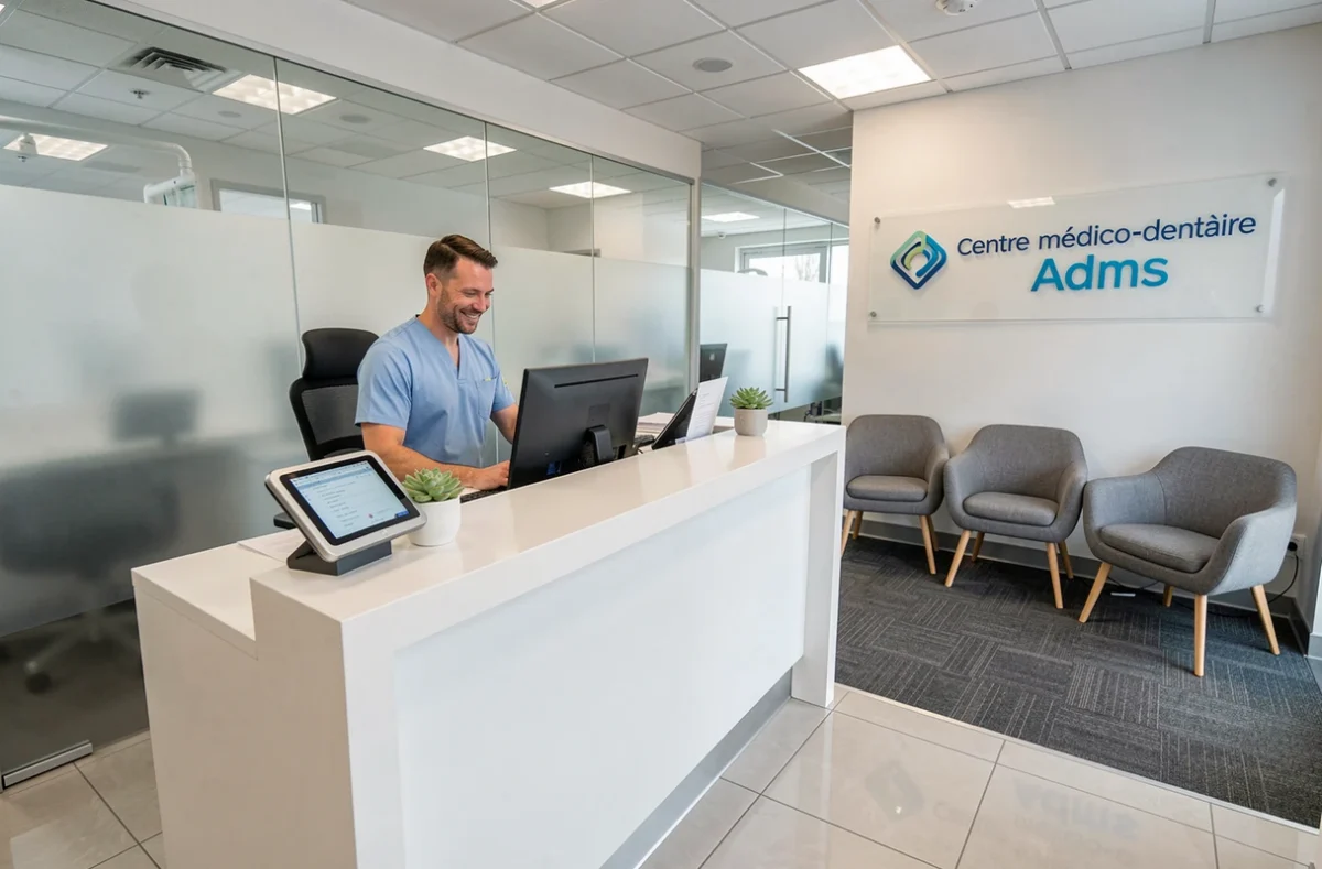 Accueil du Centre médico-dentaire Adms avec un membre du personnel administratif au bureau d'enregistrement
