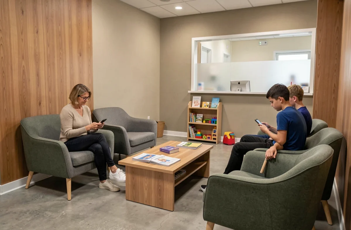 Salle d'attente du Centre de santé dentaire Balard avec des patients installés dans un espace confortable et moderne