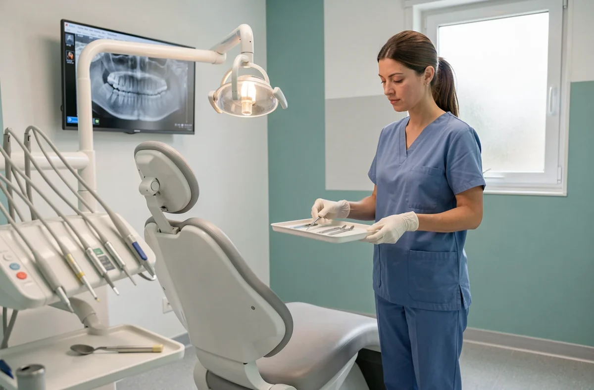 Salle de soins moderne du Centre de Santé Dentaire Flandre à Paris avec une dentiste préparant ses instruments
