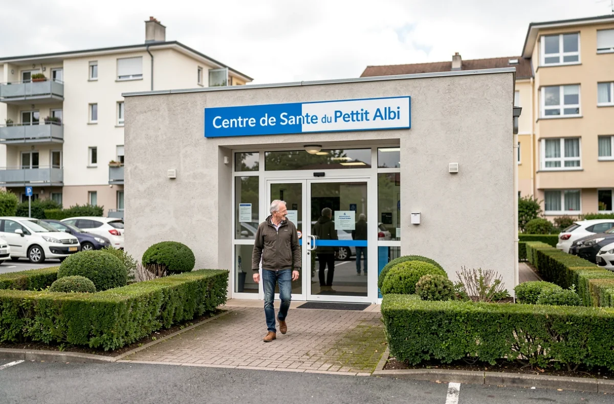 Façade extérieure du Centre de Santé du Petit Albi avec un couple de patients se dirigeant vers l'entrée