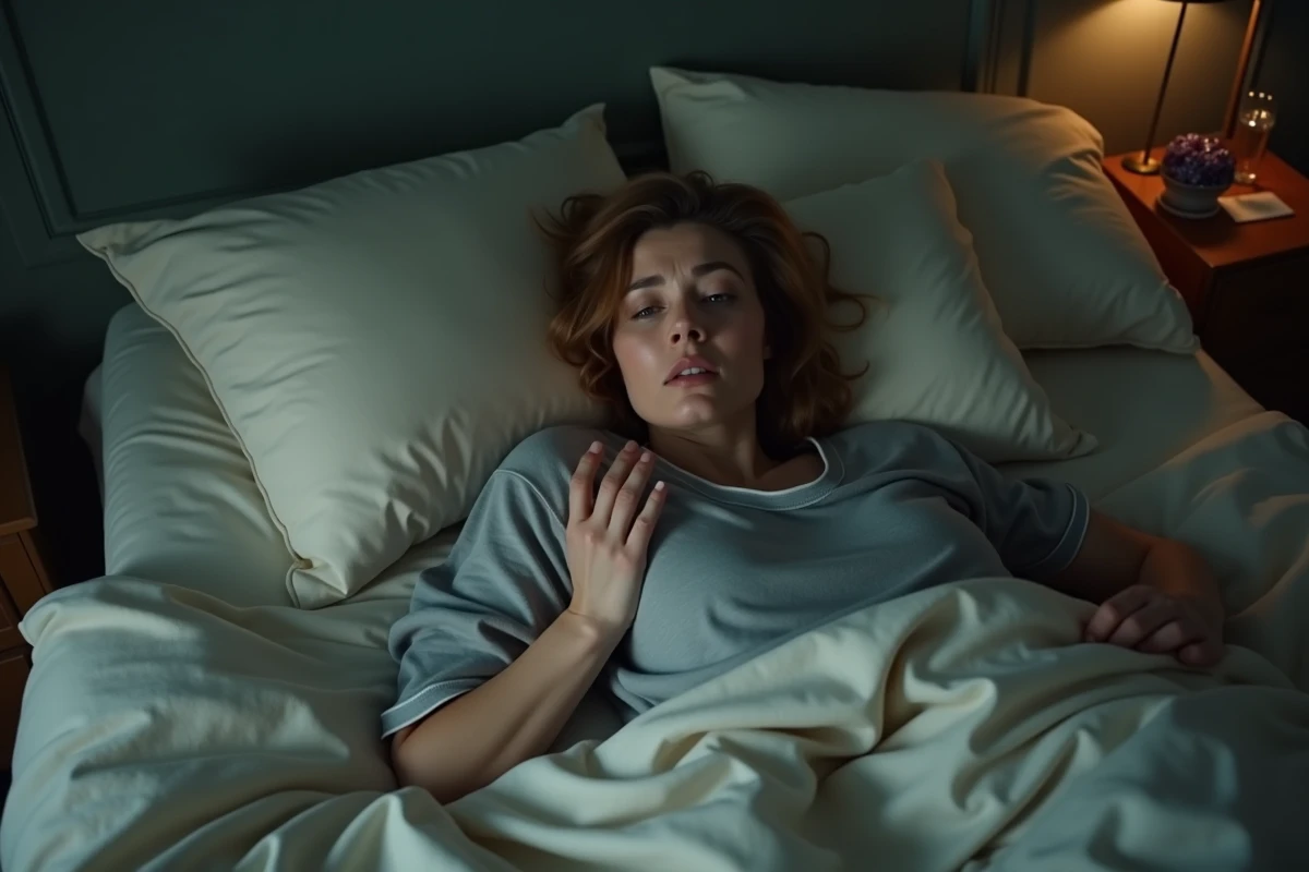 Femme allongée dans son lit la nuit, main posée sur la gorge, expression d'inconfort liée à un chakra gorge bloqué
