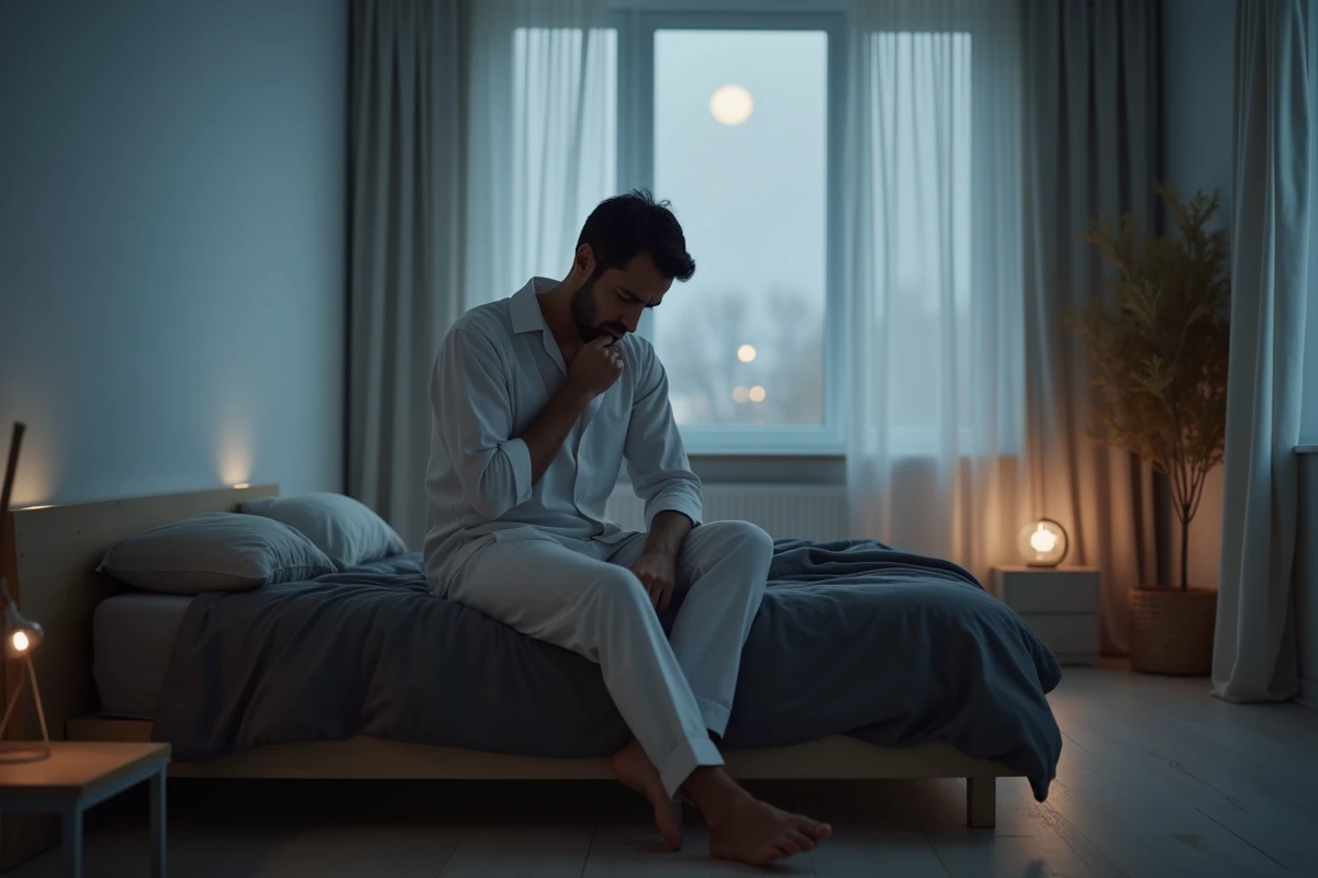 Homme assis sur le bord du lit la nuit, touchant sa gorge, symptômes nocturnes du chakra gorge bloqué