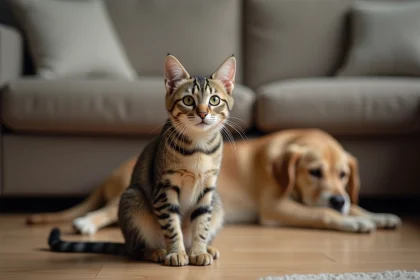 Chat avec pupilles dilatées assis sur le sol en bois, chien en arrière-plan dans un salon familial