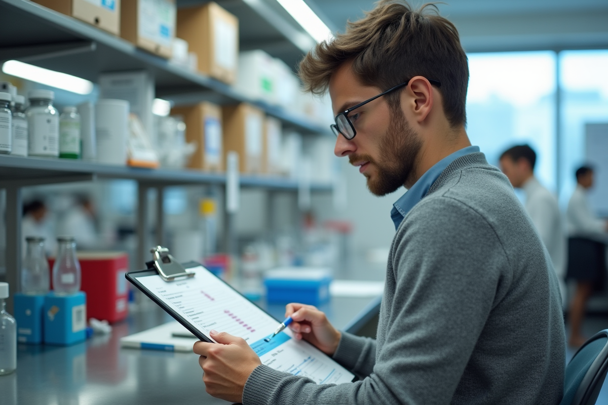Jeune chercheur étudiant un graphique de vaccins