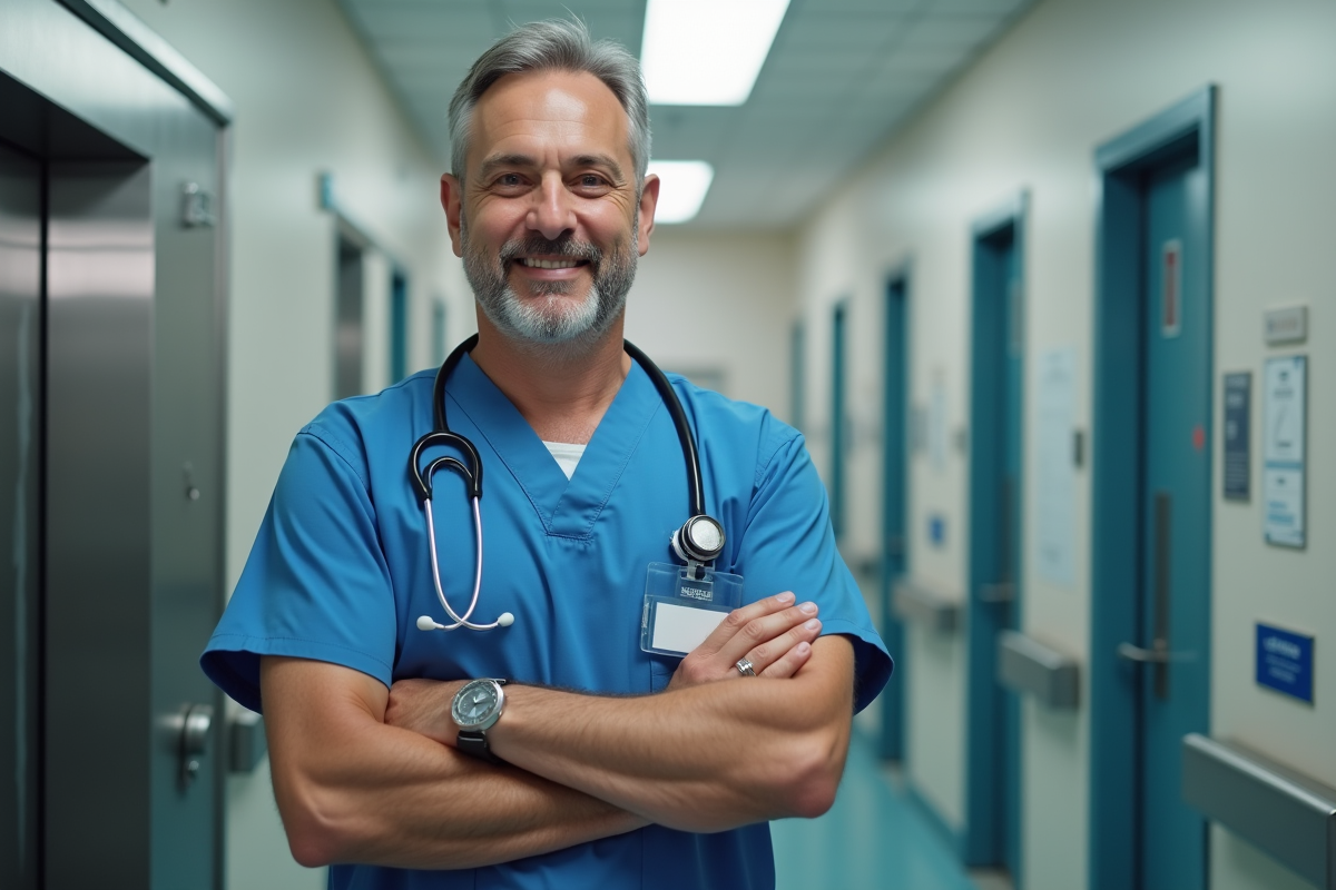 Chirurgien homme confiant dans un hôpital en blouse bleue