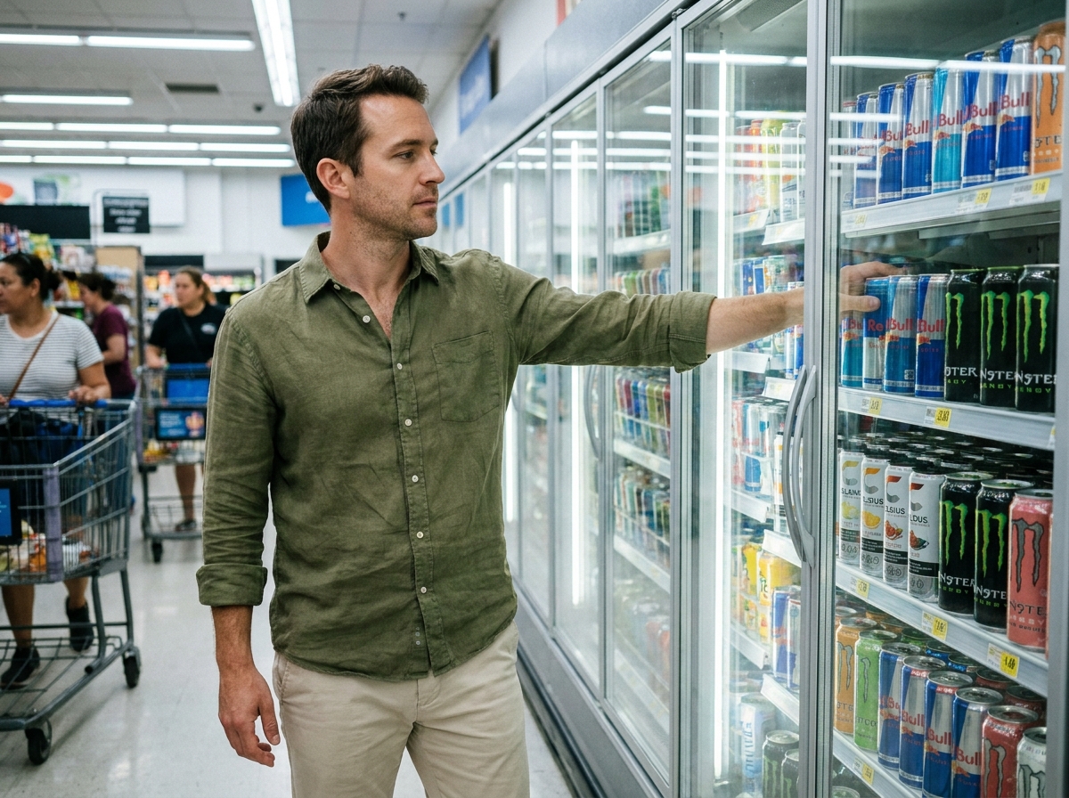 Homme choisissant une boisson énergétique dans le rayon réfrigéré d'un supermarché, face à une large sélection de marques disponibles
