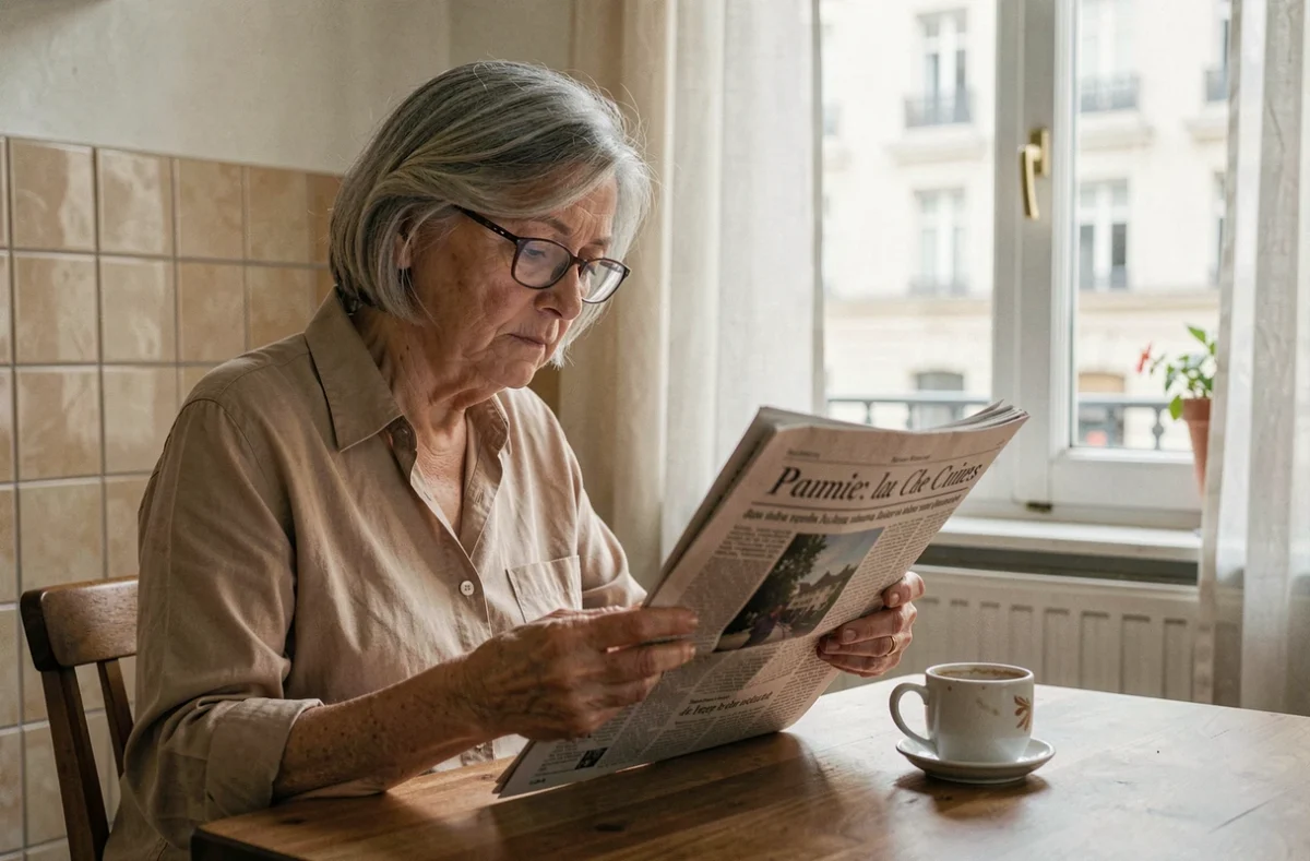 Femme âgée lisant un journal français dans une cuisine parisienne, illustrant l'impact émotionnel de l'annonce de la maladie d'Elisabeth Guigou sur l'opinion publique