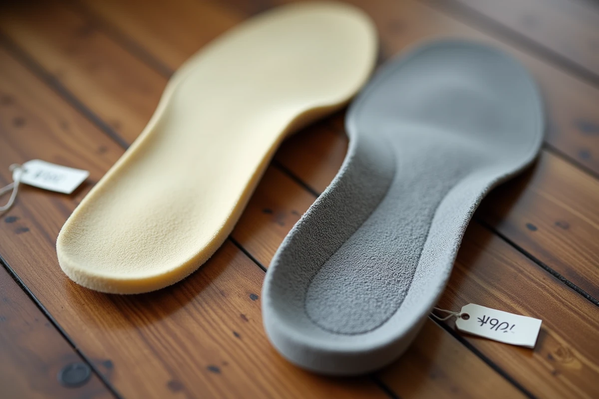 Comparaison côte à côte d'une semelle pas chère et d'une semelle orthopédique premium pour épine calcanéenne sur table en bois