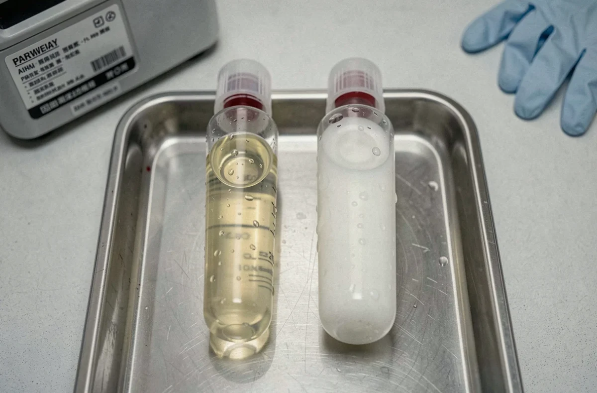 Comparaison de deux tubes de sérum sanguin, l'un normal et l'autre opalescent après repas riche en graisses, sur plateau médical