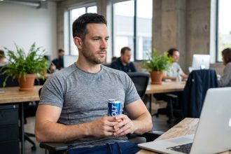 Homme en tenue de sport buvant une boisson énergétique au bureau, illustrant la consommation quotidienne de ce type de boisson