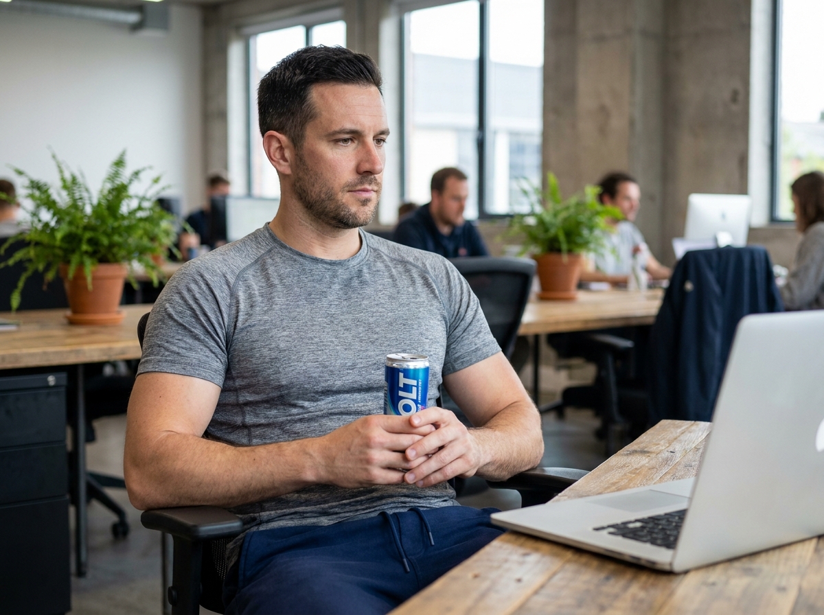 Homme en tenue de sport buvant une boisson énergétique au bureau, illustrant la consommation quotidienne de ce type de boisson