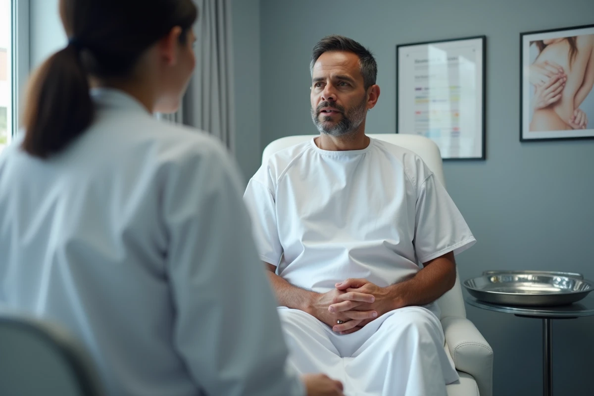 Patient masculin en consultation dermatologique pour traitement d'un poil incarné au niveau du pubis