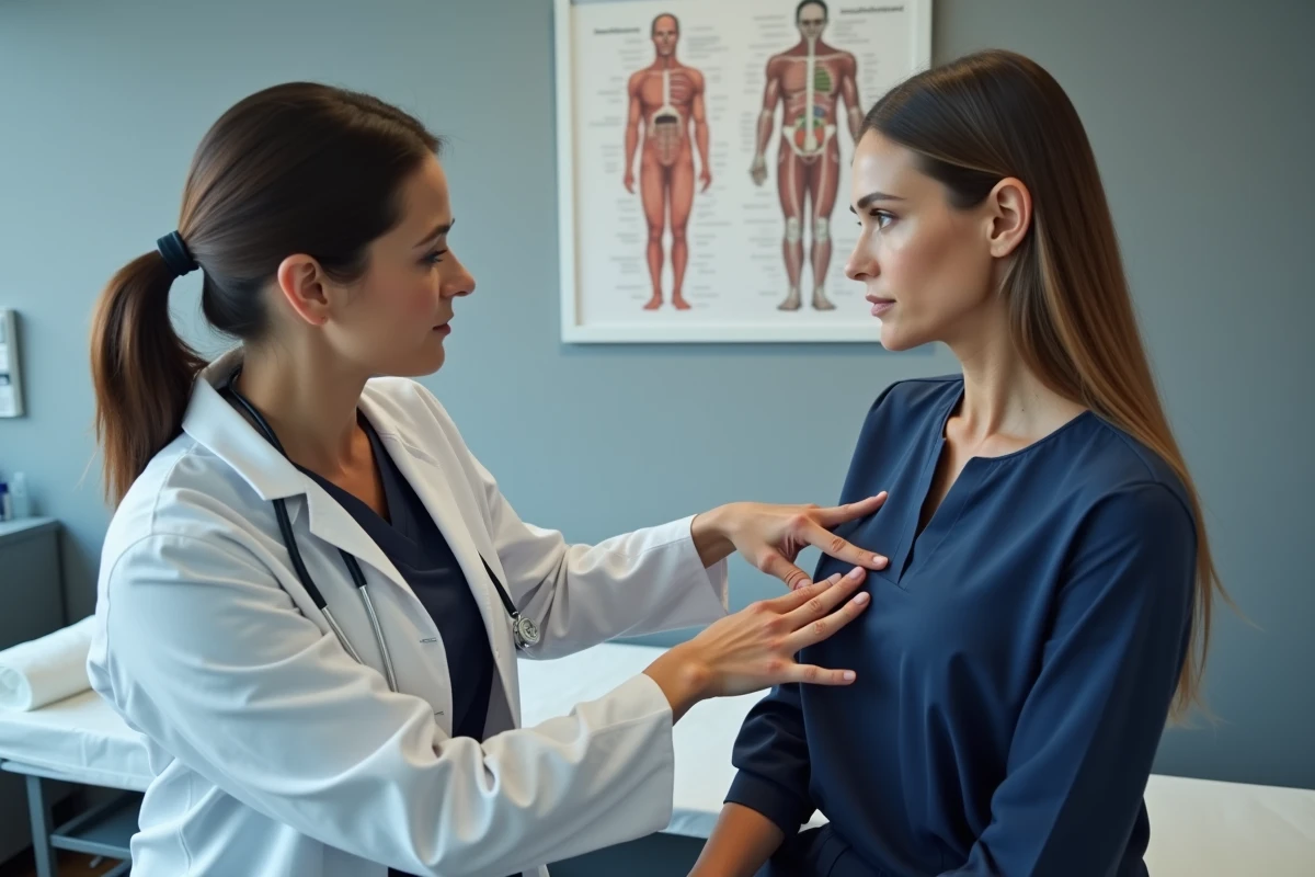Médecin examinant l'aisselle d'une patiente lors d'une consultation médicale pour douleur axillaire