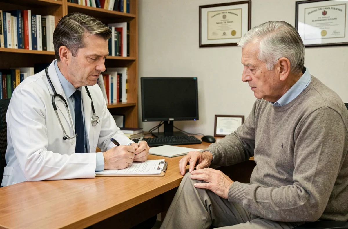 Médecin généraliste consultant un patient qui décrit une douleur au genou persistante après une infiltration