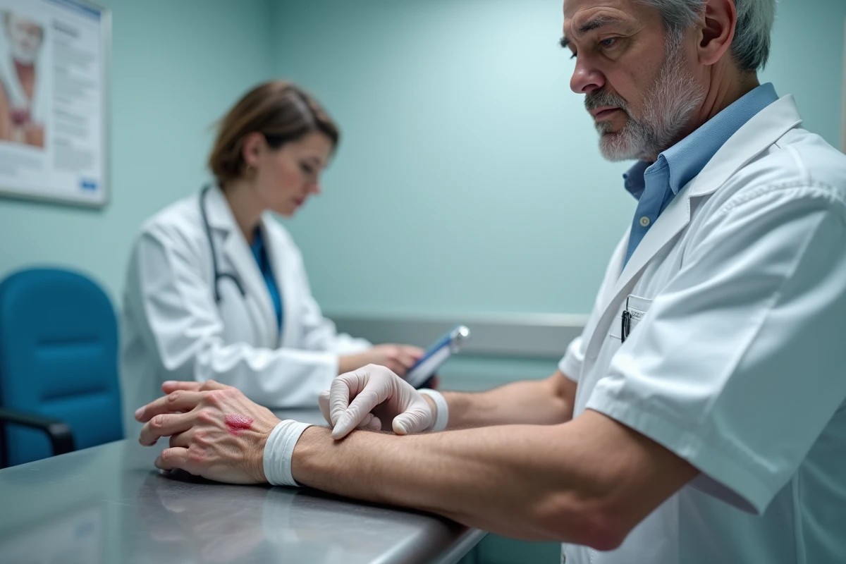 Médecin examinant une plaie infectée suite à une morsure de brochet, dans un cabinet médical