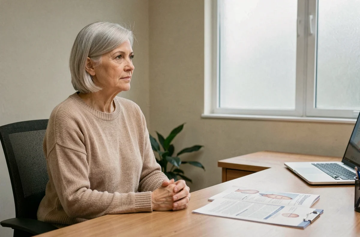 Femme d'une cinquantaine d'années en consultation médicale oncologique, écoutant attentivement son médecin dans un cabinet hospitalier