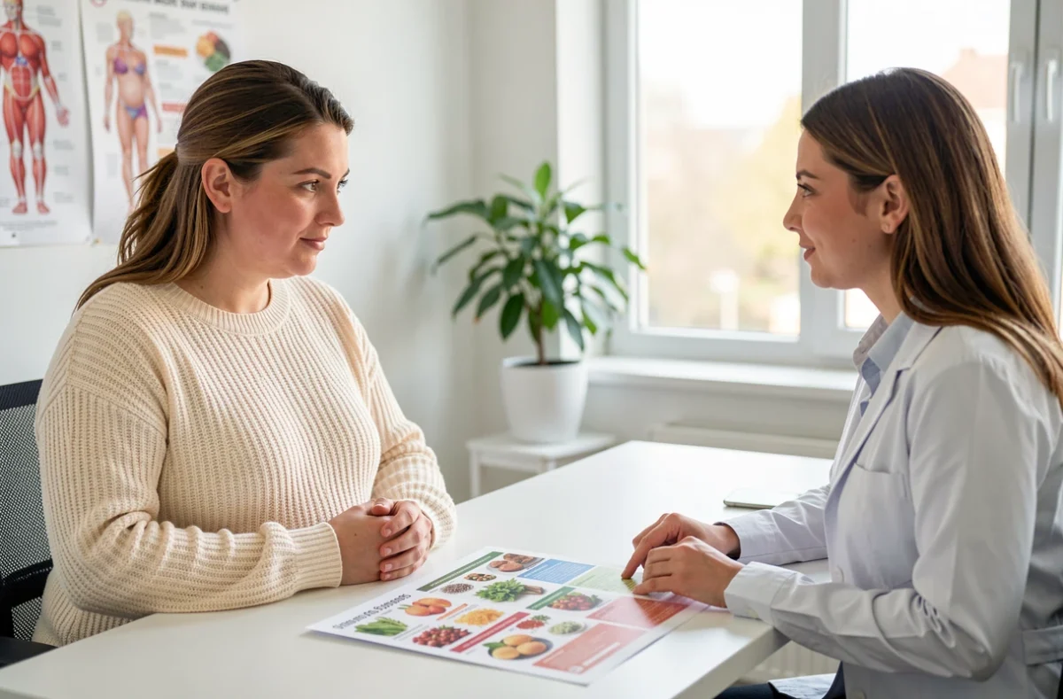 Femme enceinte en consultation nutritionnelle discutant des aliments à éviter dont la charcuterie