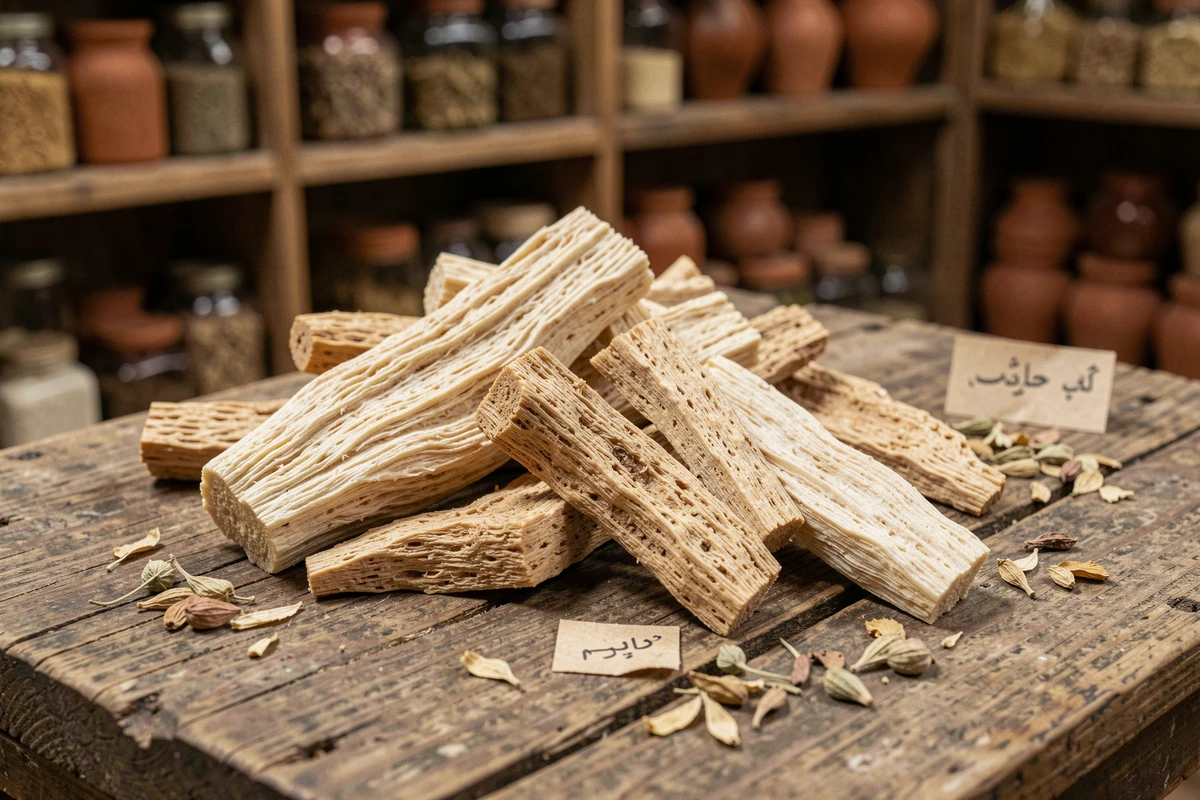 Morceaux de costus indien authentique séchés sur une surface en bois avec étiquette en arabe, dans une épicerie traditionnelle