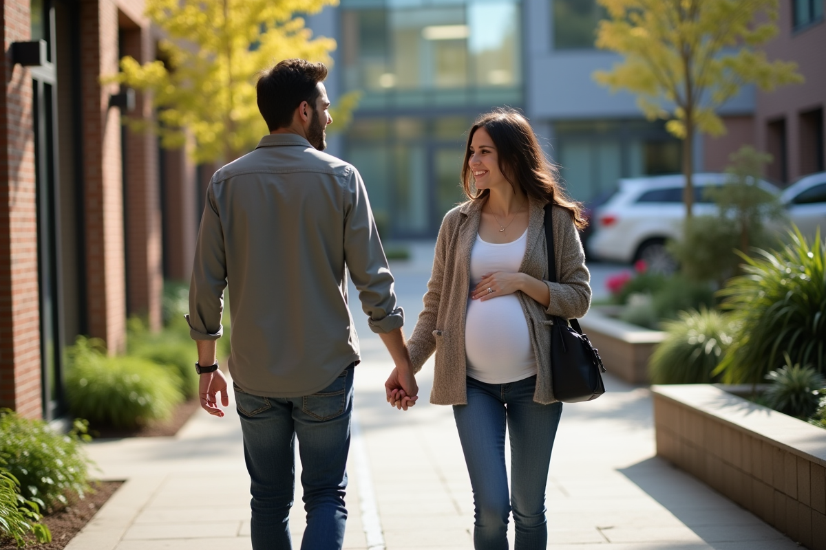 Couple enceinte sortant d une clinique moderne en extérieur