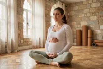 Femme enceinte pratiquant le yoga prénatal dans un studio lumineux en Centre-Val de Loire
