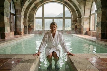 Femme en robe de bain blanche entrant dans une piscine thermale aux eaux minérales vertes dans un établissement thermal français en rhumatologie