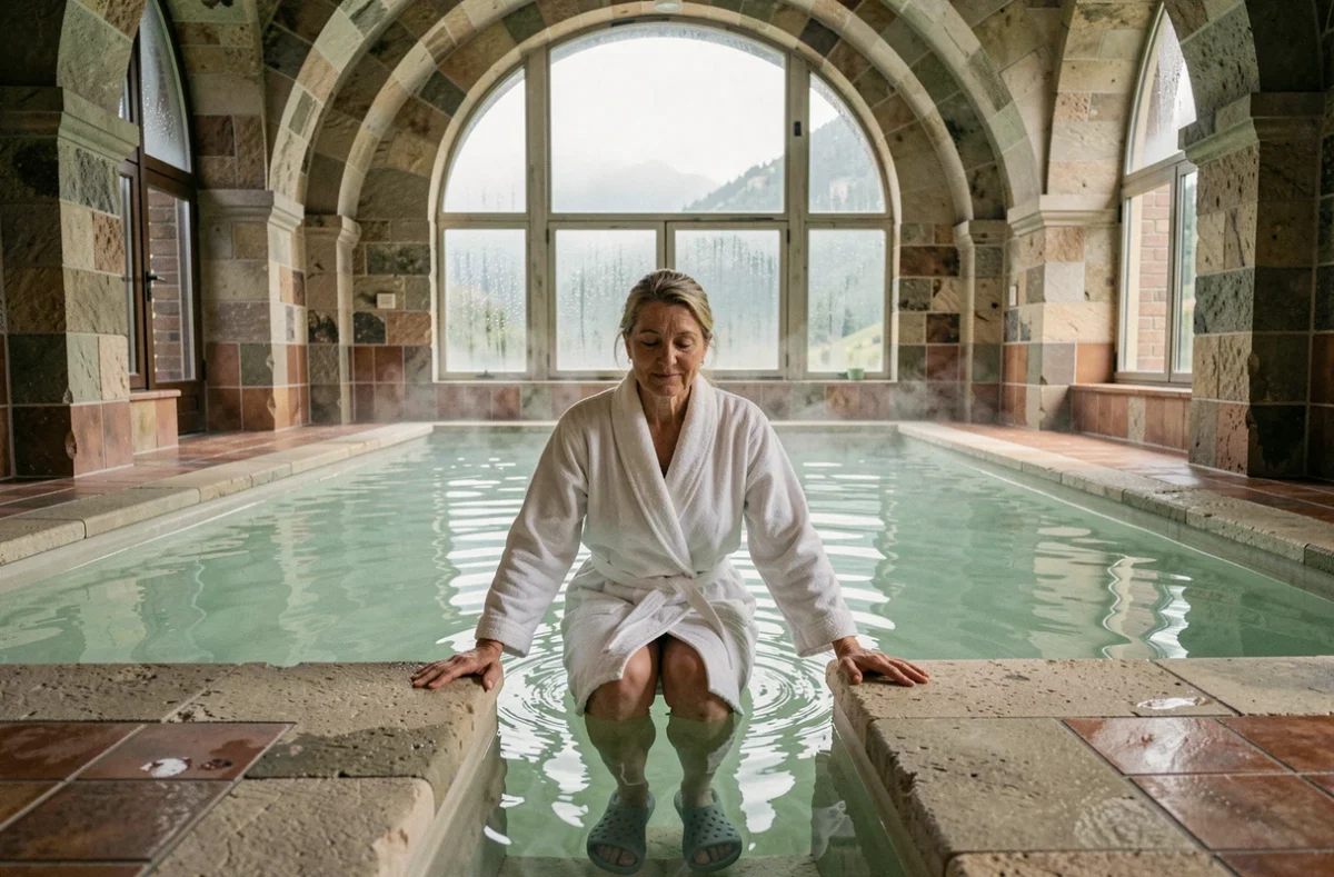 Femme en robe de bain blanche entrant dans une piscine thermale aux eaux minérales vertes dans un établissement thermal français en rhumatologie