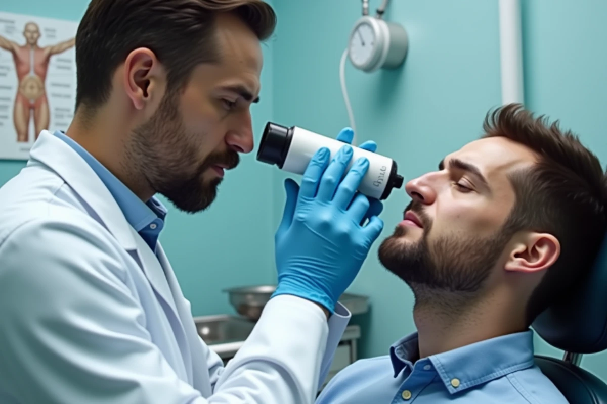 Dermatologue utilisant un dermatoscope pour examiner une tache suspecte sur le nez d'un patient