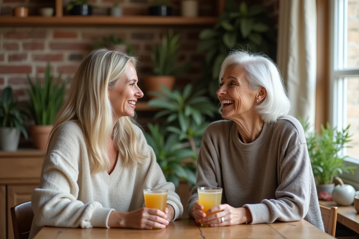 Deux femmes de générations différentes discutant autour d'une boisson Bonjour, illustrant qui peut profiter ou éviter cette boisson